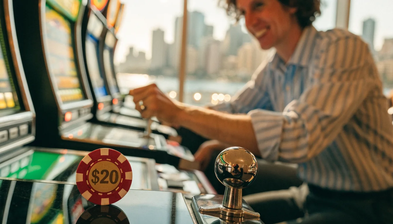 Close-up of $20 casino chip on slot machine in Australian casino