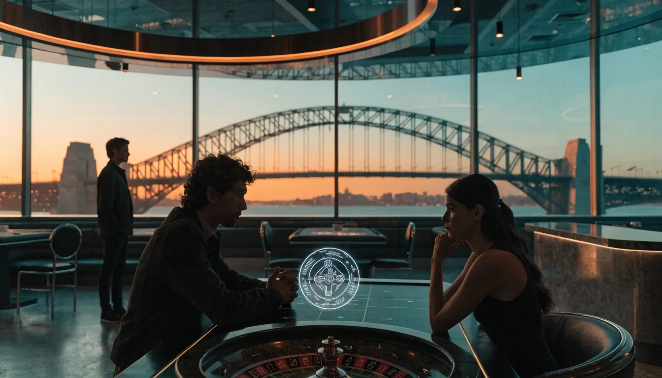 Australian casino lounge with crypto hologram at sunset