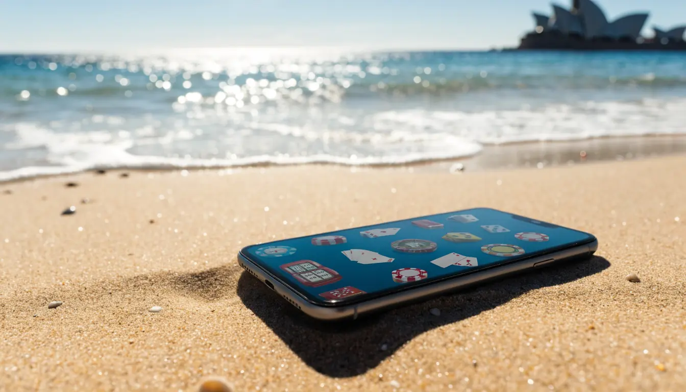 Smartphone on Australian beach displaying casino game icons.