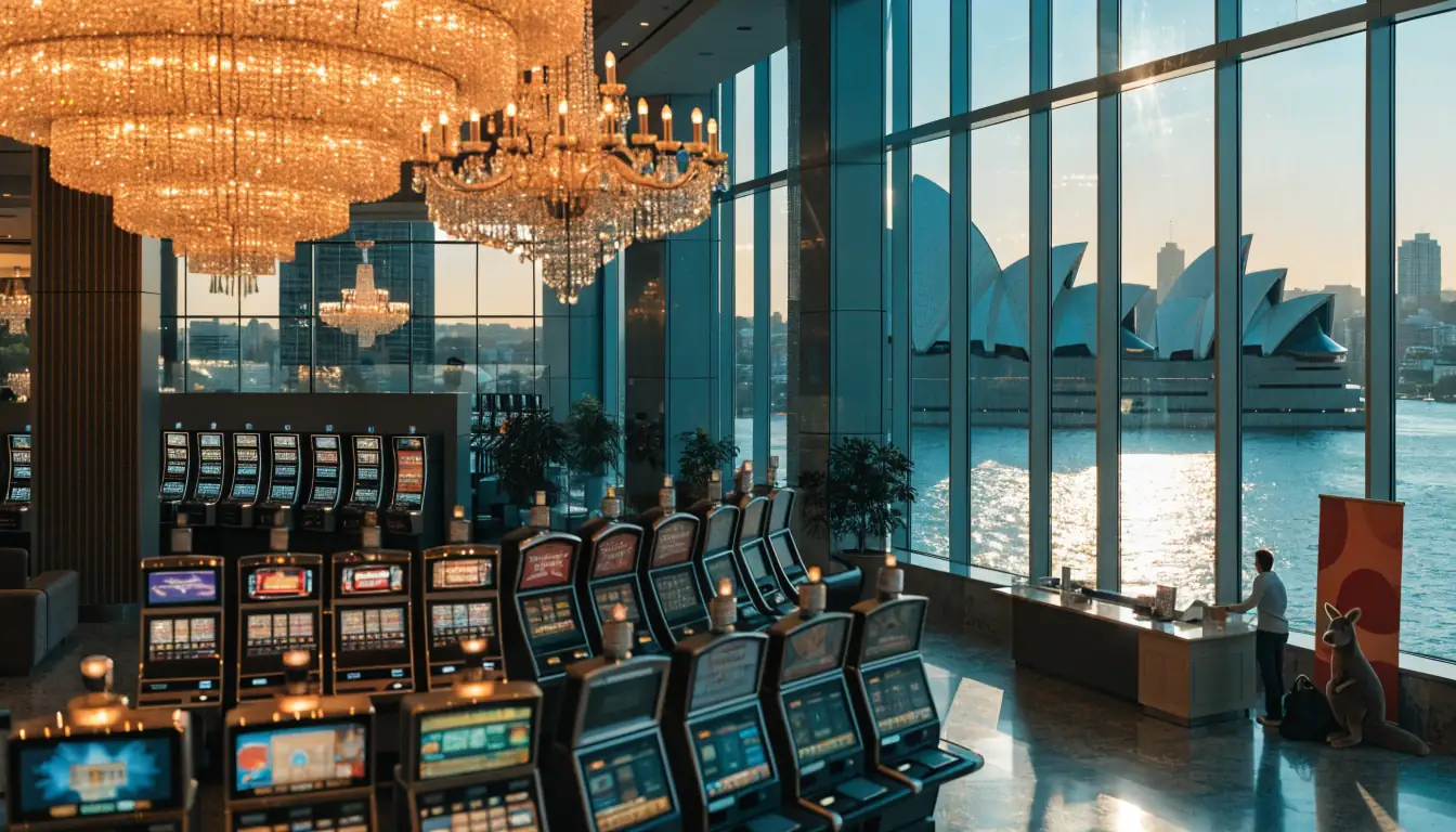 Realistic casino lobby with Australian skyline and kangaroo plush
