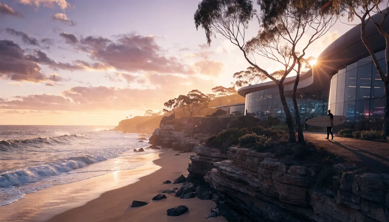 Australian beach at sunset with modern casino building