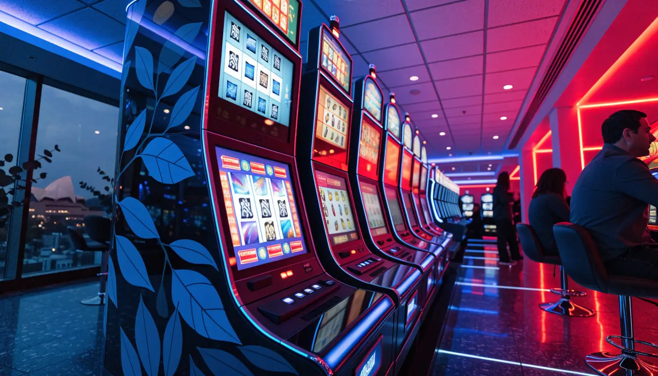 Australian casino interior with glowing high-volatility slot machines