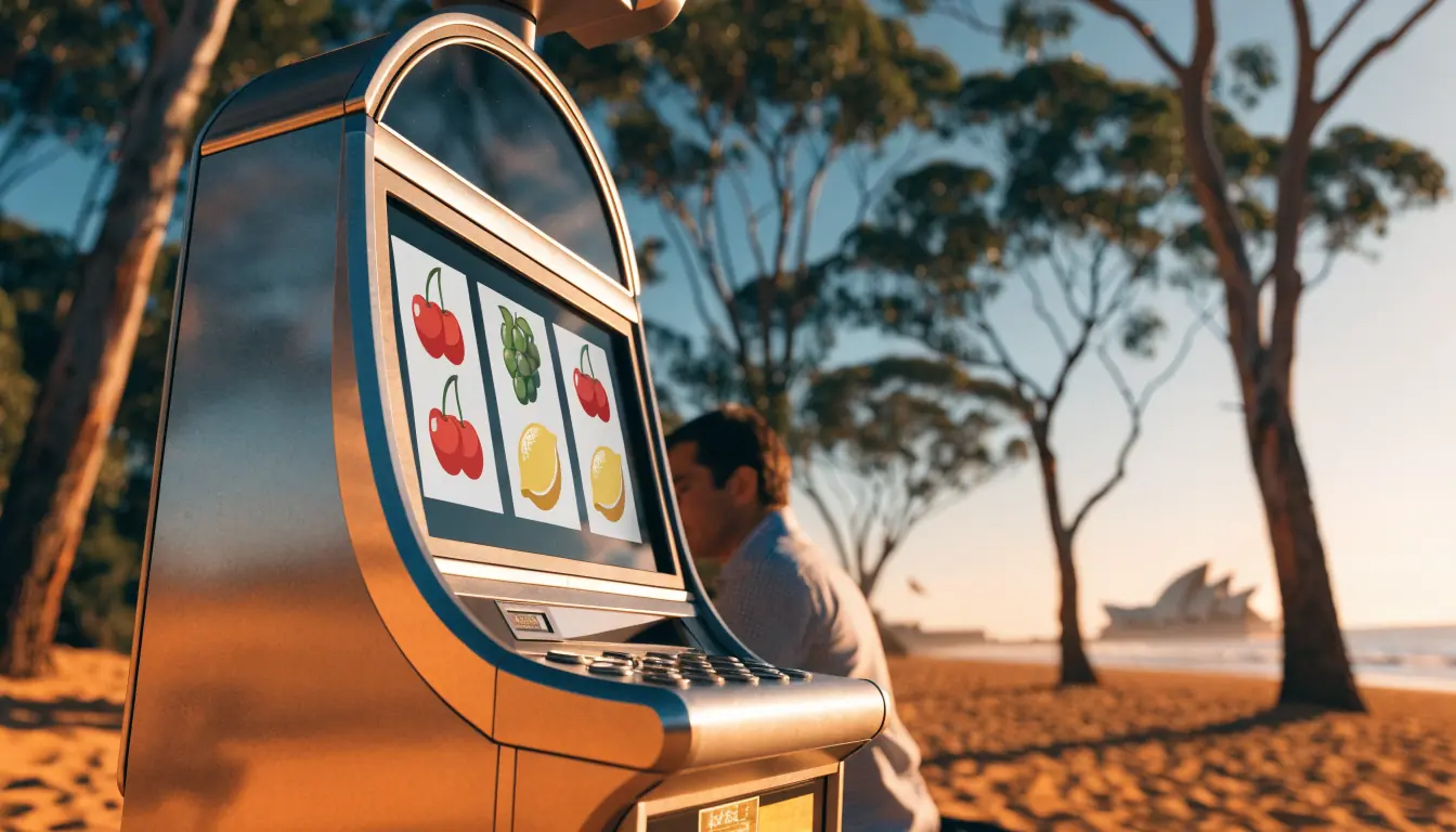 Australian beach with sleek low‑volatility slot machine