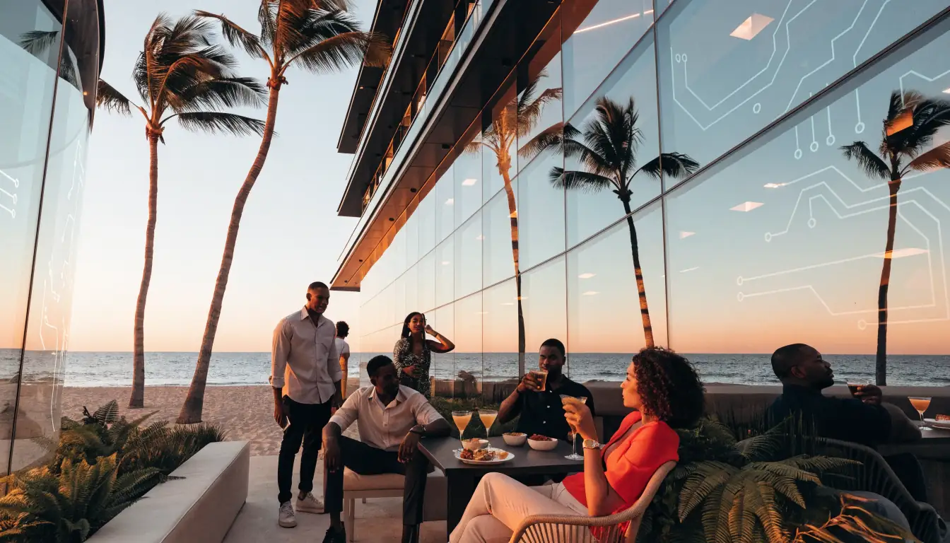 Sunset beachside casino resort in Australia with palms and terrace