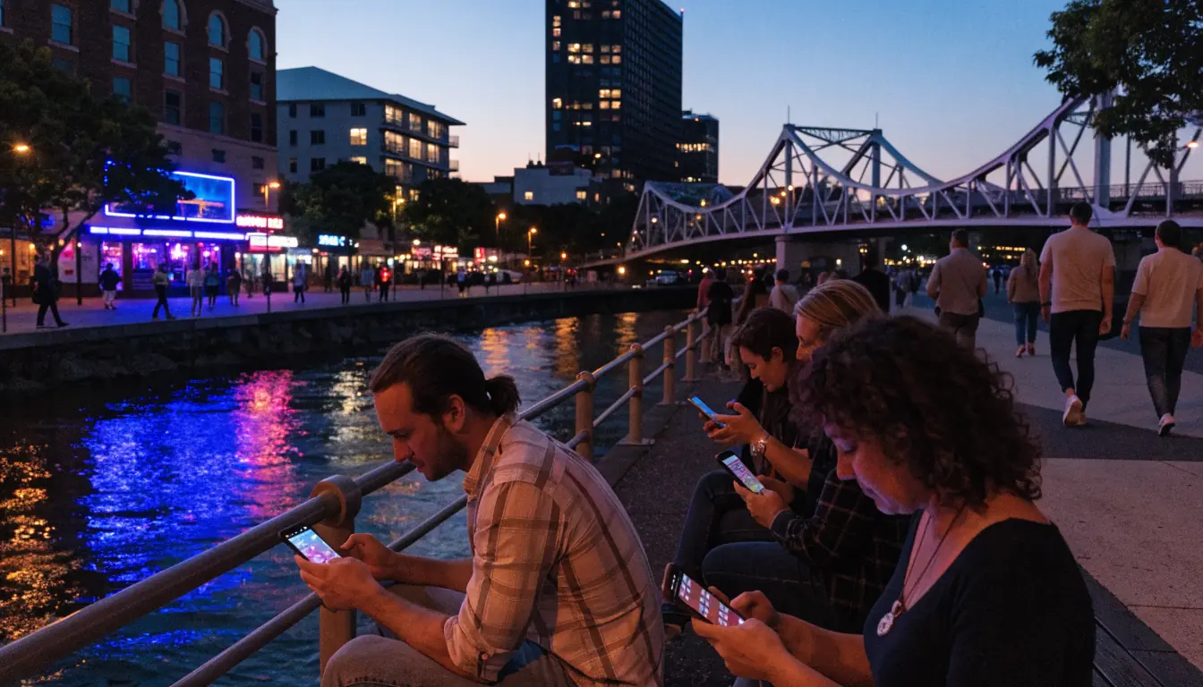 Brisbane street at dusk with people using smartphones to play digital pokies