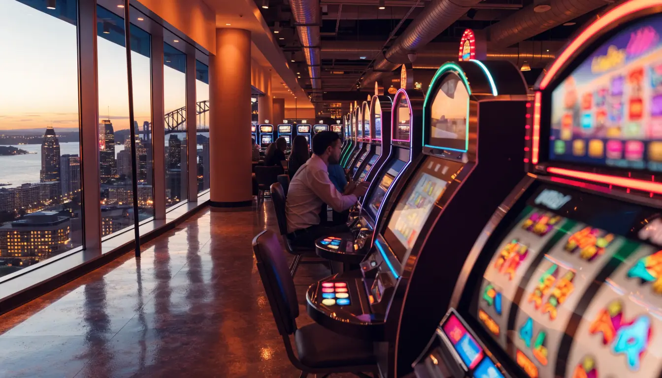 Sydney casino interior with glowing slot machines at dusk