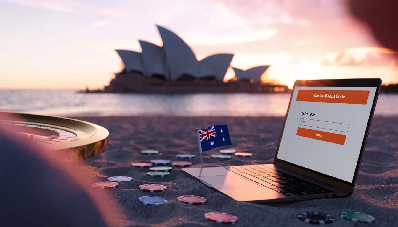 Australian beach with laptop showing casino bonus code, chips and flag
