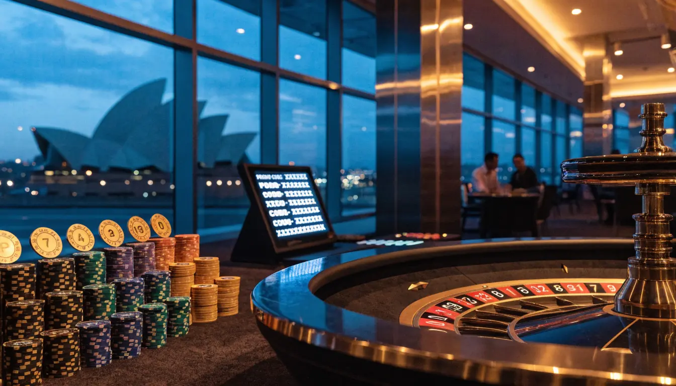 Australian casino interior with roulette table, chips, and Sydney Opera House view
