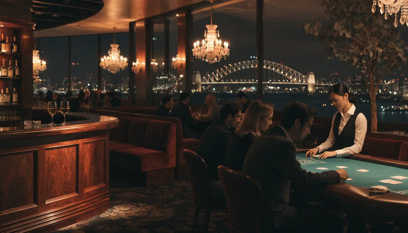 Elegant Australian casino VIP lounge with Sydney Harbour view