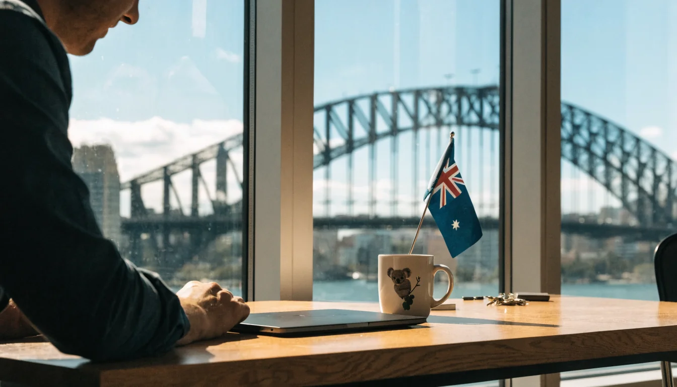 Modern Australian office desk with laptop and koala mug