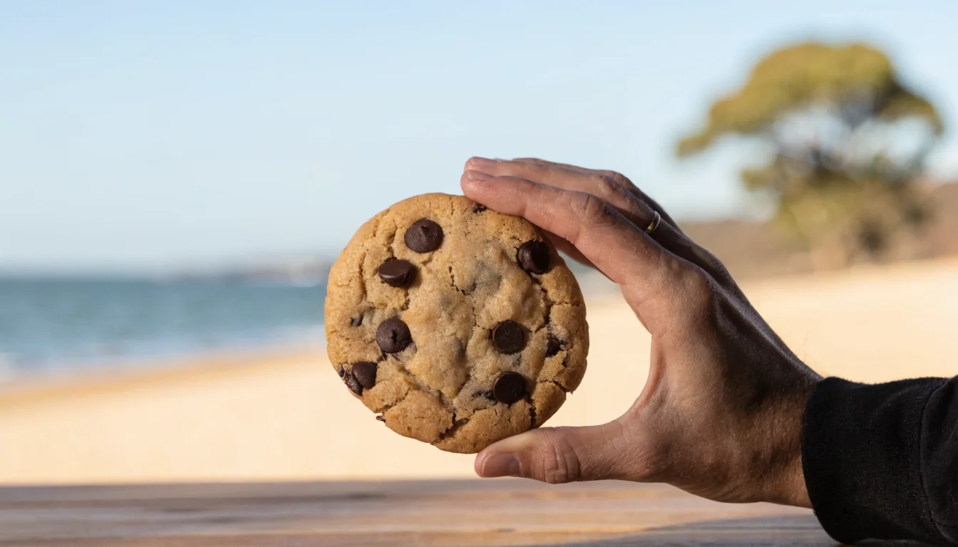 Hand holding chocolate chip cookie with Australian beach background
