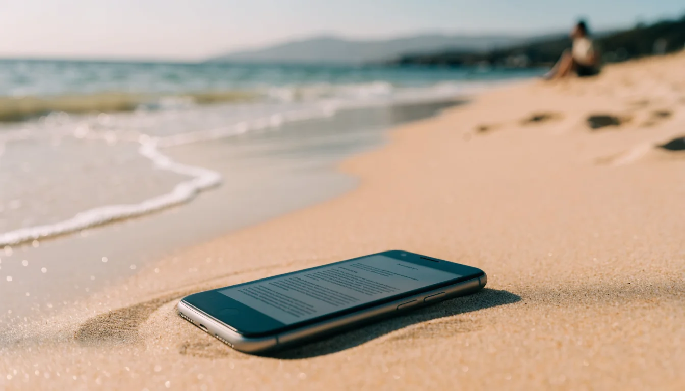 Smartphone on Australian beach showing blurred disclaimer page