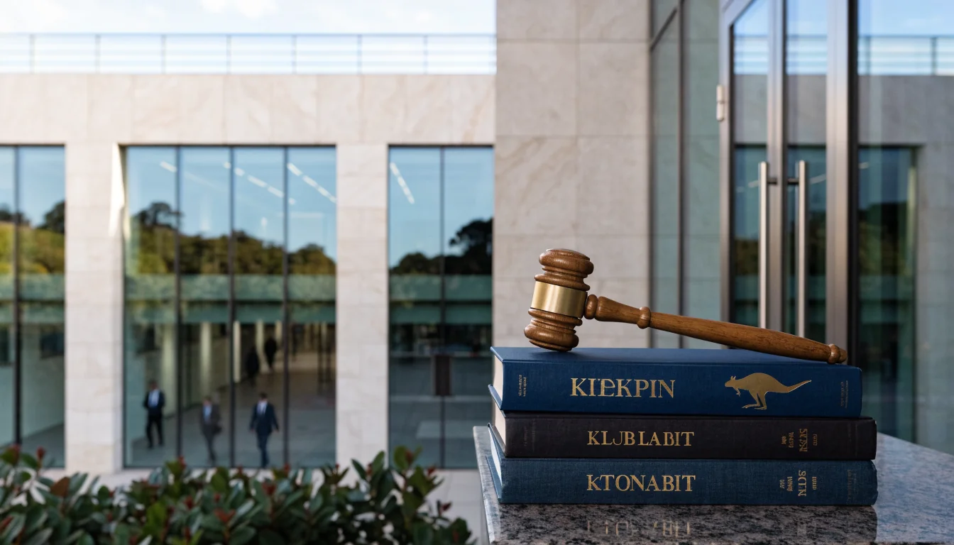Australian courthouse with gavel and legal books