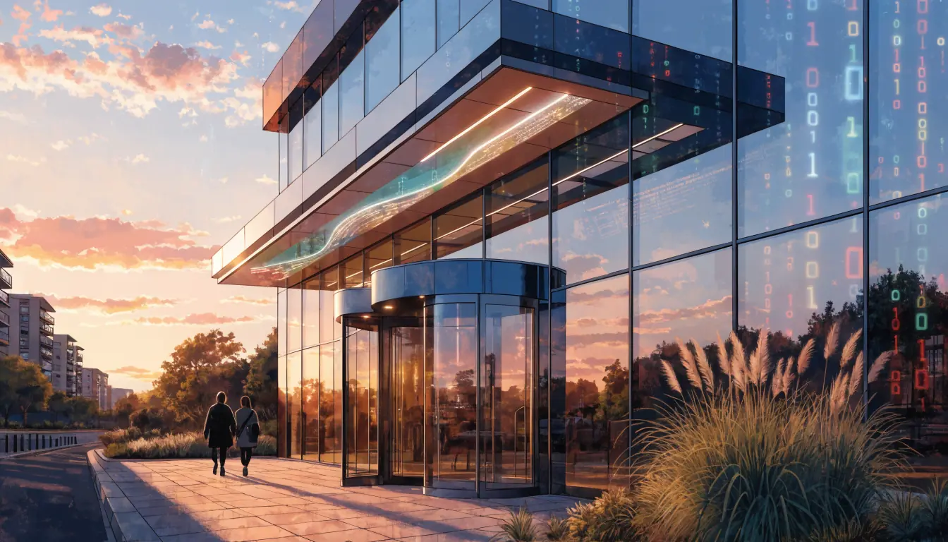 Sunset view of modern Australian casino entrance with digital motifs