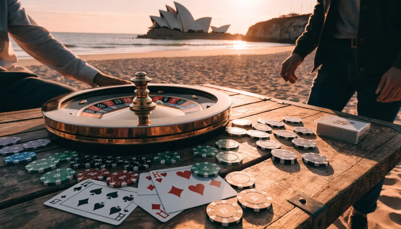 Beach table with casino chips, roulette wheel, Sydney Opera House backdrop