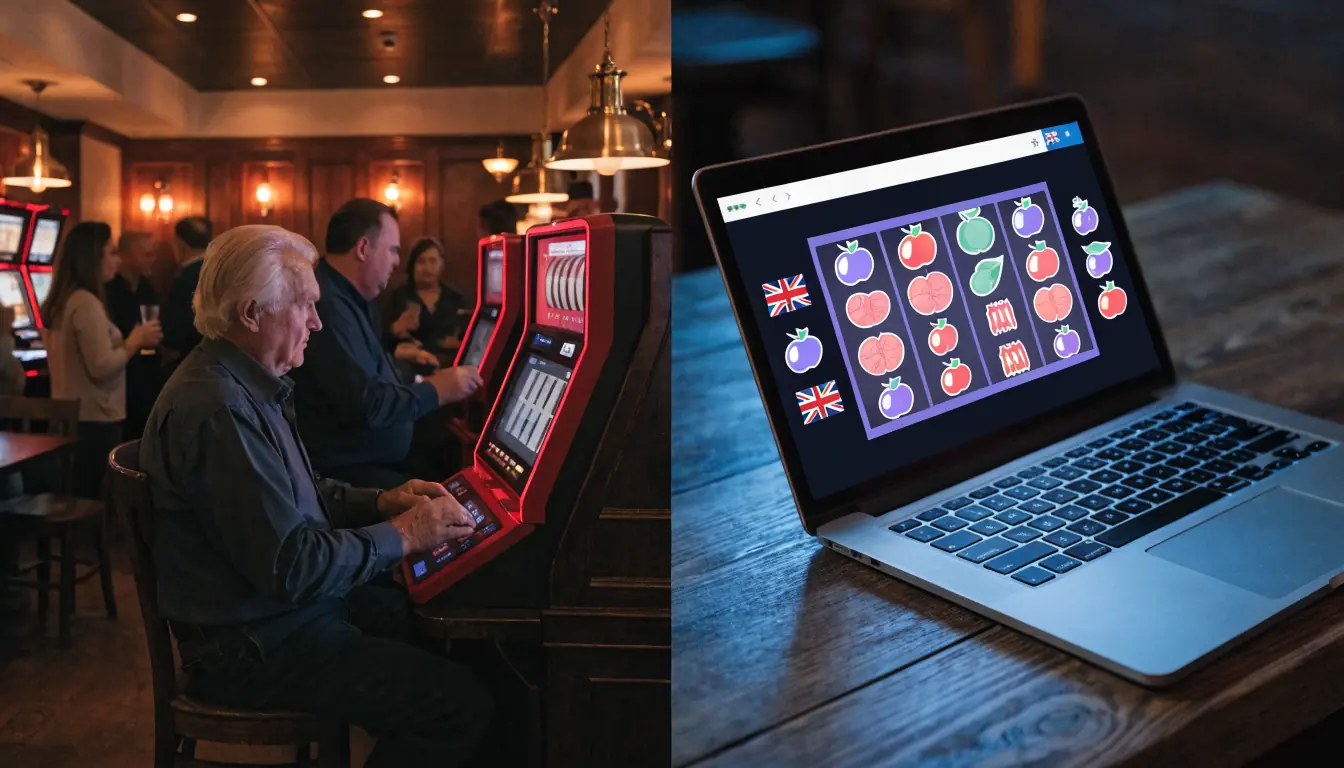 Split view of pub pokies and laptop showing online slots