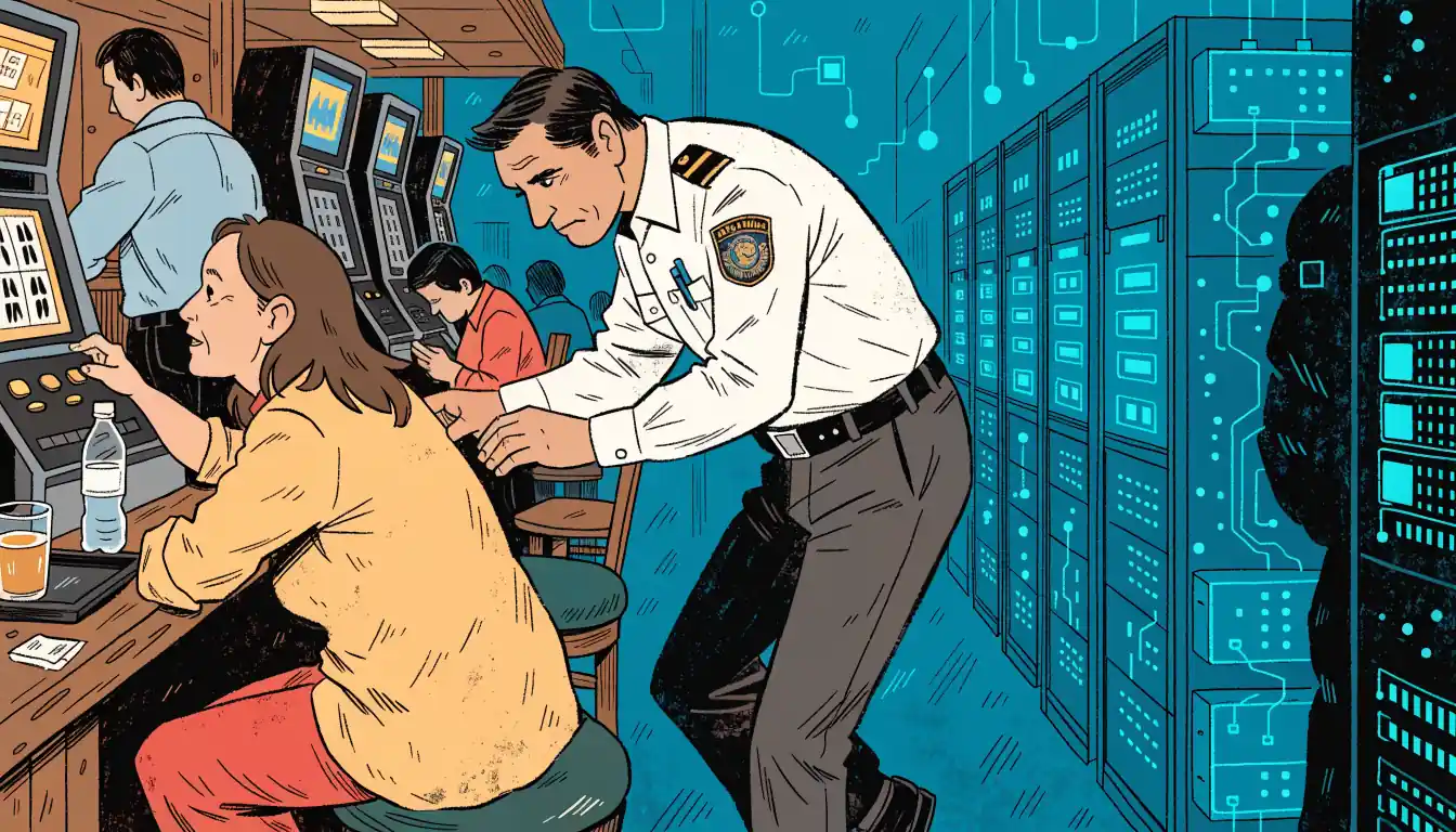 Inspector checking pokies machine beside offshore server farm