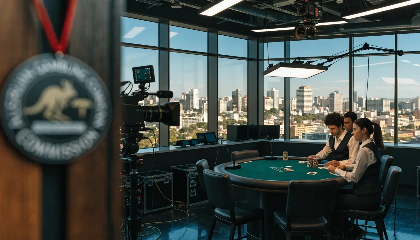 Live‑dealer studio with Australian city view and regulator badge