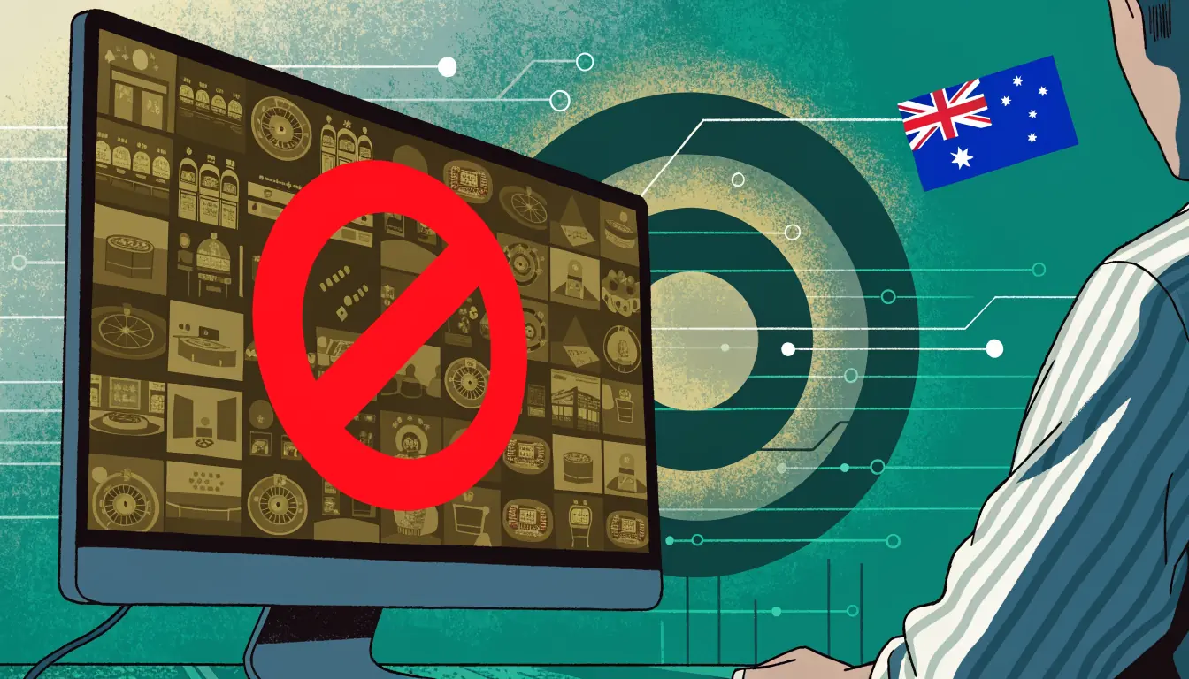 Computer screen with blocked casino site overlay and ACMA emblem