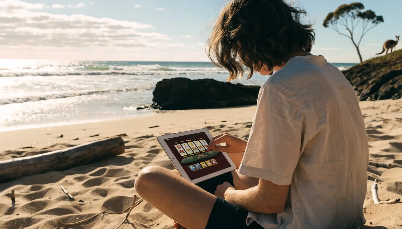 Person on Australian beach using tablet with casino game