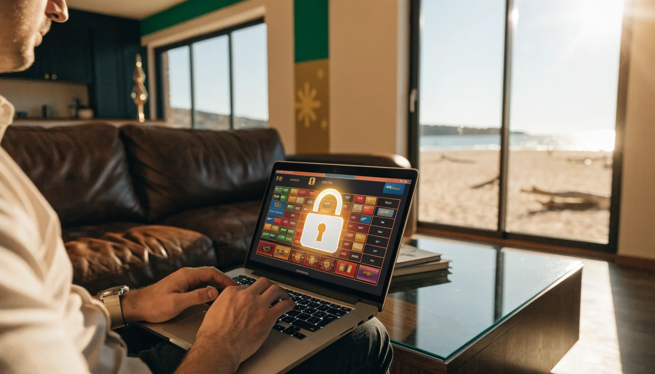Australian home with laptop showing secure casino game