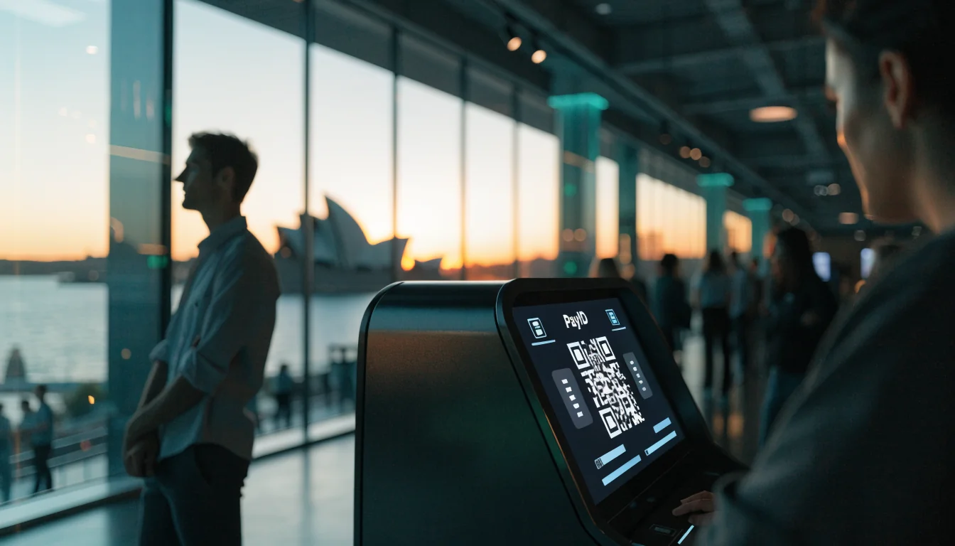 Modern casino slot machine with glowing PayID screen, Sydney skyline at sunset
