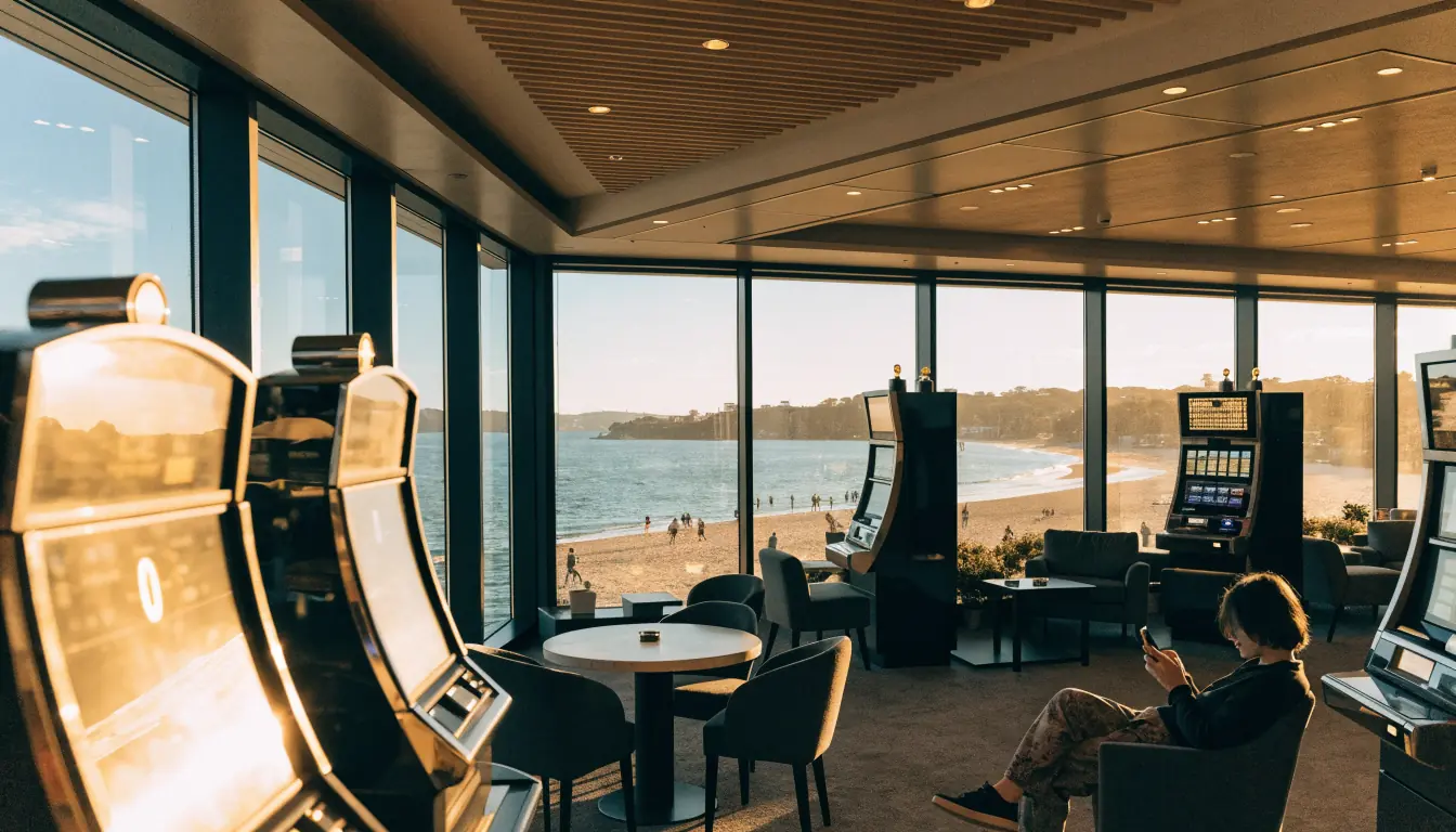 Australian casino lounge with beach view and $0 deposit sign