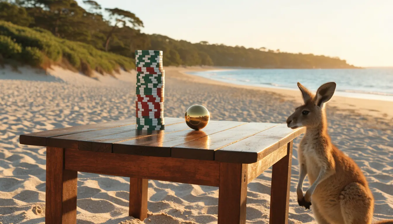 Australian beach scene with casino chips and kangaroo
