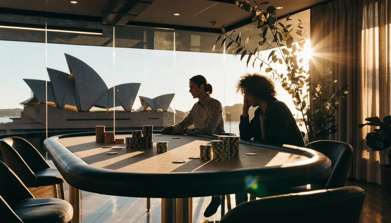 Australian casino interior with poker table, gold coins, Sydney Opera House view
