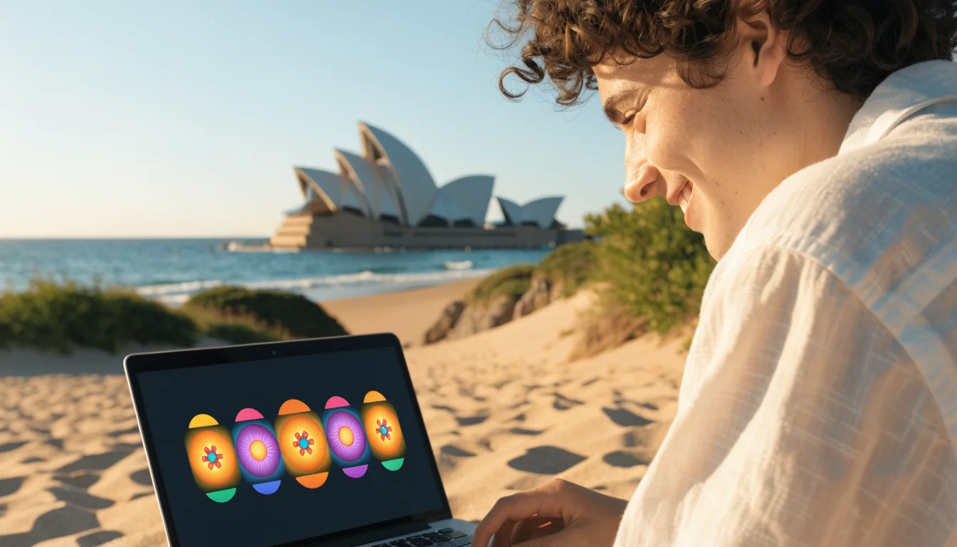 Australian beach scene with laptop displaying spinning slot reels