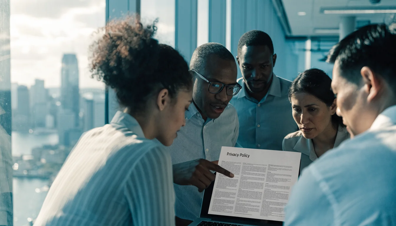 Australian office team reviewing privacy policy on laptop