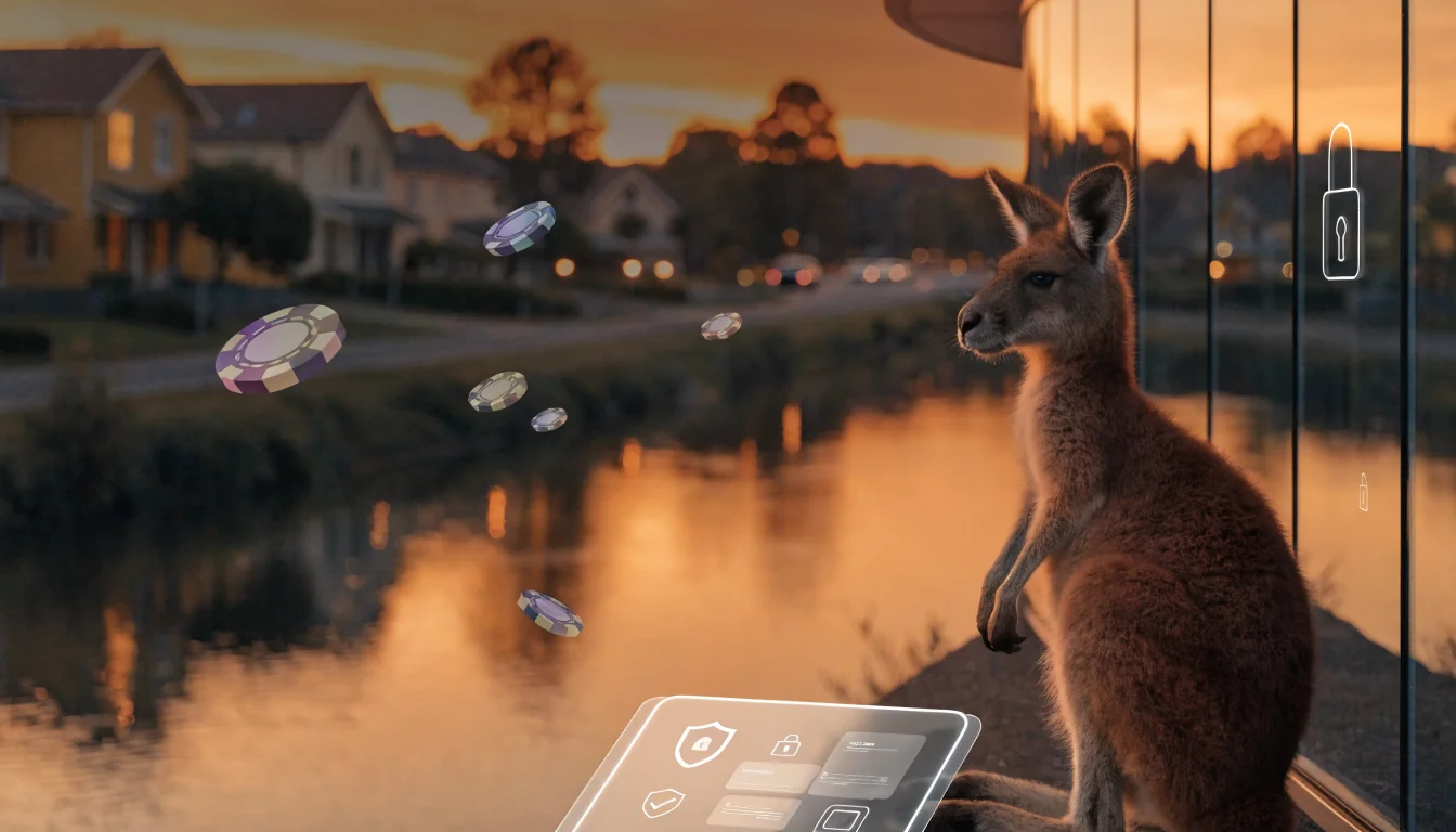 Kangaroo beside holographic tablet with padlock over Australian suburb at dusk