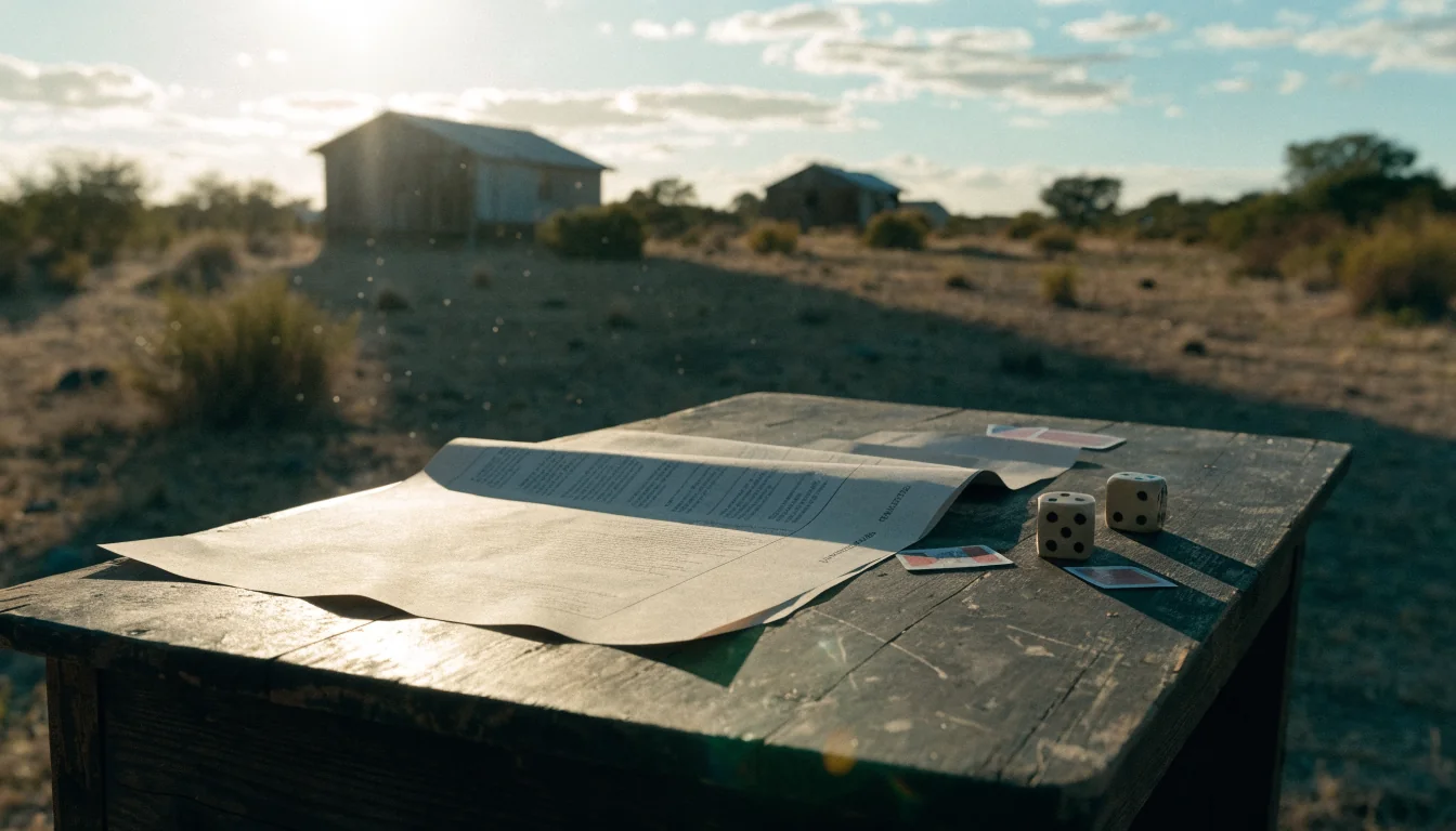 Australian outback desk with contract, dice, and cards